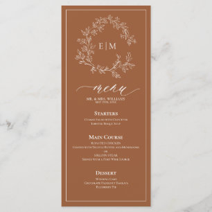 Terracotta Leafy Crest Monograma Menu Casamento
