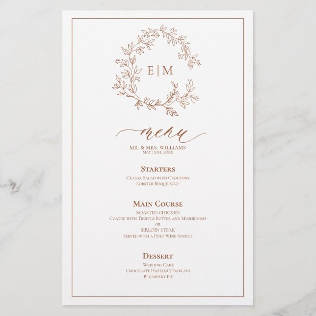 Terracotta Leafy Crest Monograma Menu Casamento (Frente)