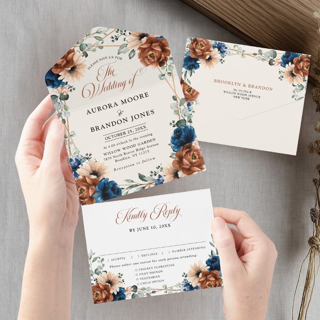 Terracotta Marinho Blue Greenery Casamento Geométr (Terracotta Navy Blue Greenery Geometric Wedding Al All In One Invitation)