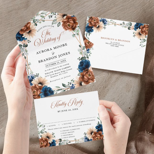 Terracotta Marinho Blue Greenery Casamento Geométr (Terracotta Navy Blue Greenery Geometric Wedding  All In One Invitation)