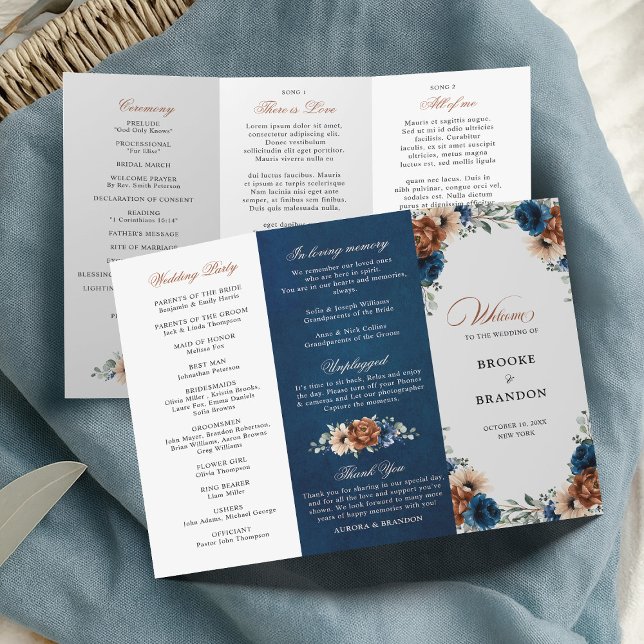 Terracotta Marinho Blue Greenery Weding Program (Terracotta Navy Blue Greenery Wedding  Tri fold Program)