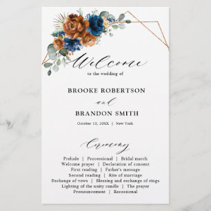 Terracotta Marinho Blue Greenery Weding Program