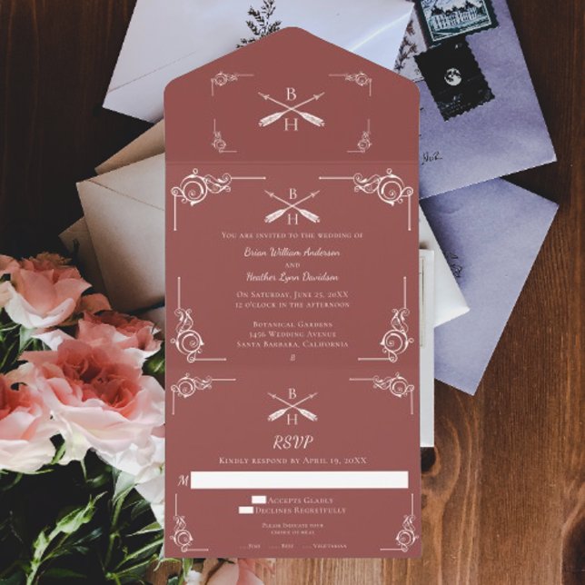 Terracotta Monograma e Arrows Casamento (Terracotta Monogram and Arrows Wedding All in One Invitation)