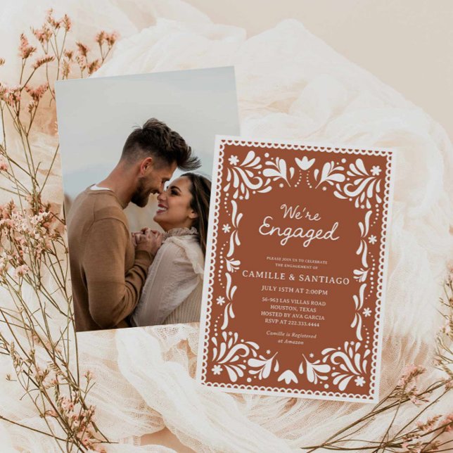 Terracotta Papel Picado Noivado Parte Convite (Photo We're Engaged Party Invitation)