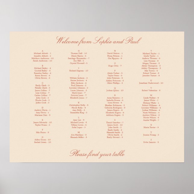 Terracotta Script Alphabetic Seating Poster (Frente)