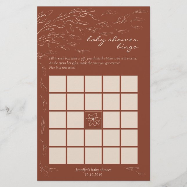 Terracotta Simple Chá de fraldas Bingo Game (Frente)