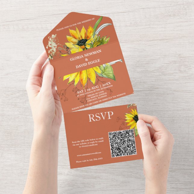 Terracotta Sunflower Código QR Todos Em Um Convite (Aba destacável)