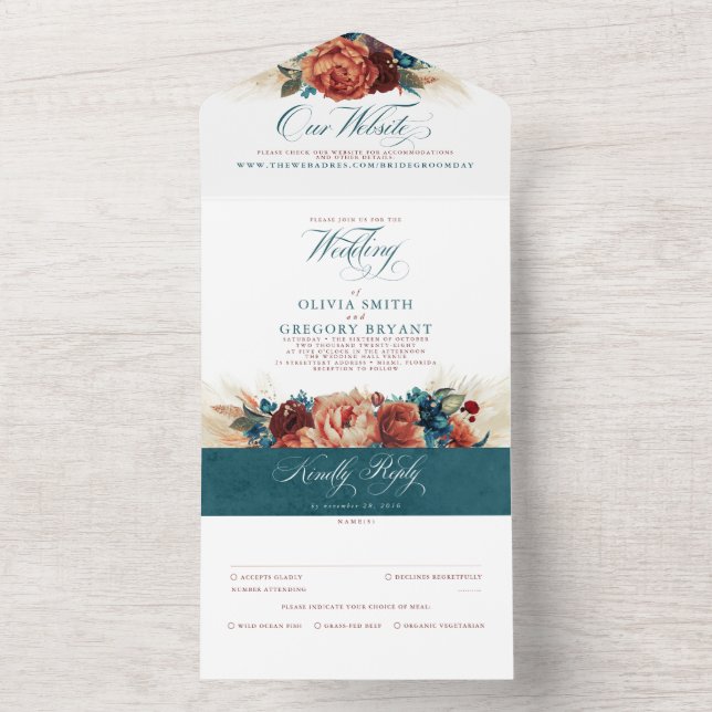 Terracotta Teal Floral Boho Elegante Casamento (Inside)