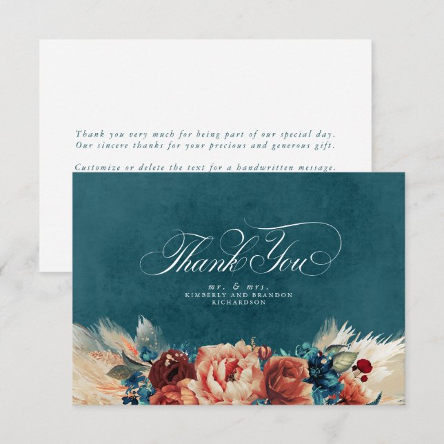 Terracotta Verde Teal Floral Boho Agradecimento de (Frente/Verso)