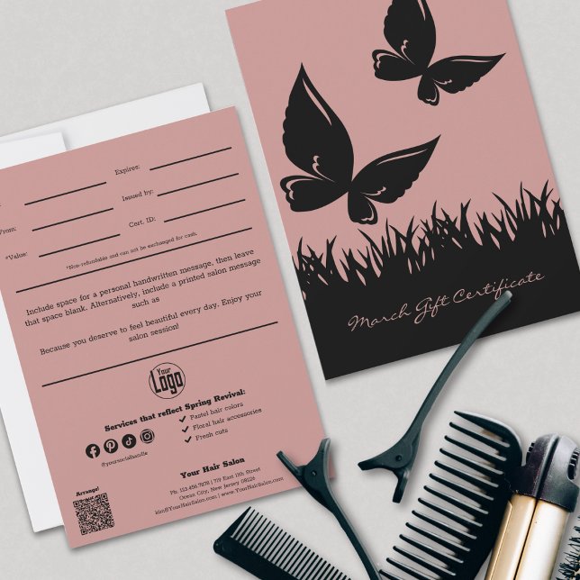 Tesoura Borboleta Corte Certificado de Presente de (Modern Hairstylist March Gift Certificate, Pink and Black, Butterfly Silhouettes)