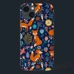 Teste padrão colorido das flores & das raposas<br><div class="desc">Ilustração do estilo dos desenhos animados dos pássaros bonitos das flores retros coloridas e das raposas vermelhas na cor que azul escuro do fundo você pode mudar</div>