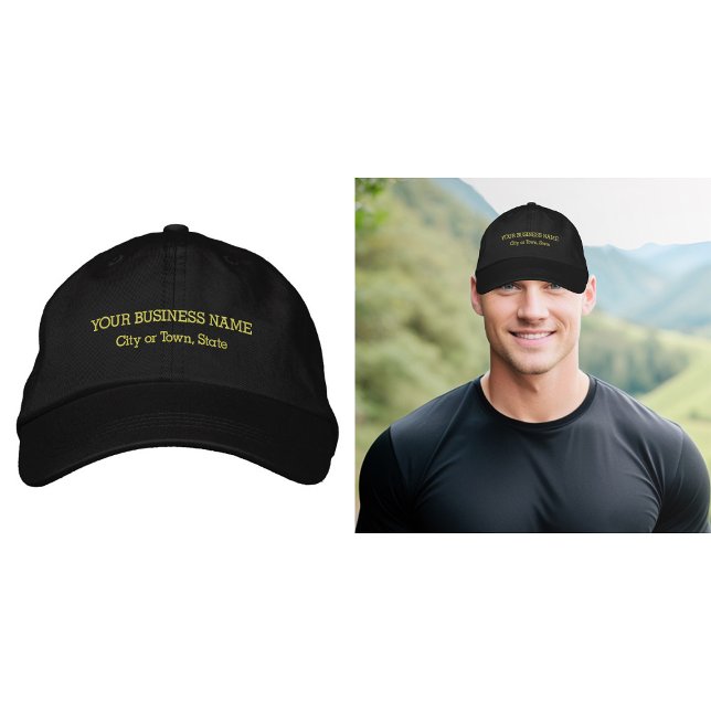 Texto comercial amarelo bordado no Boné (Business name and location embroidered on cap in yellow thread)