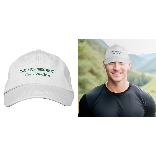 Texto comercial verde bordado no Boné (Business name and location embroidered on cap in green thread)