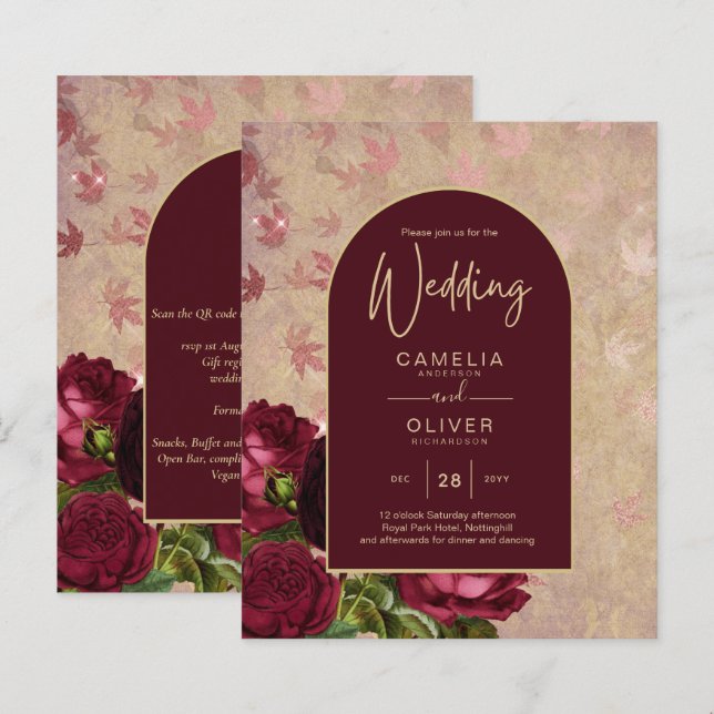 Texto Dourado de Casamento de Rosas vermelhas Botâ (Frente/Verso)