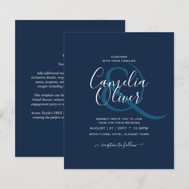 Texto monocromático azul moderno apenas casamento (Frente/Verso)