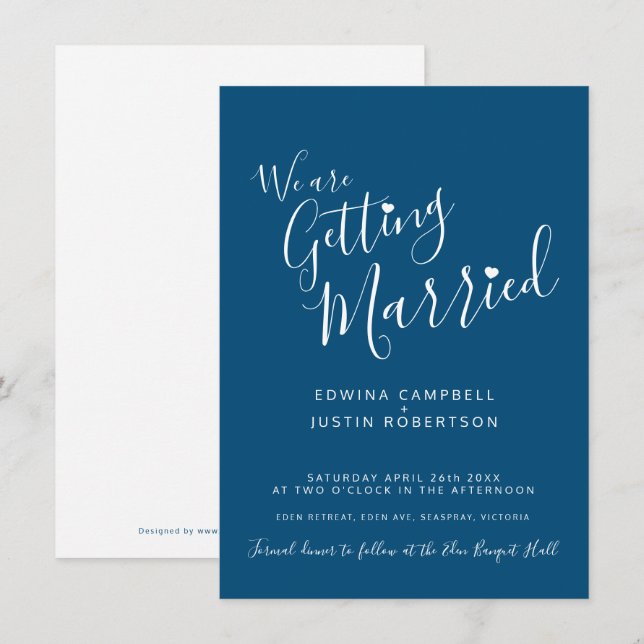 Texto simples e convites de casamento brancos azui (Frente/Verso)