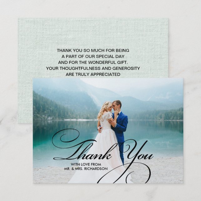 Textura Burlap Obrigado Cartões com fotos De Casam (Frente/Verso)