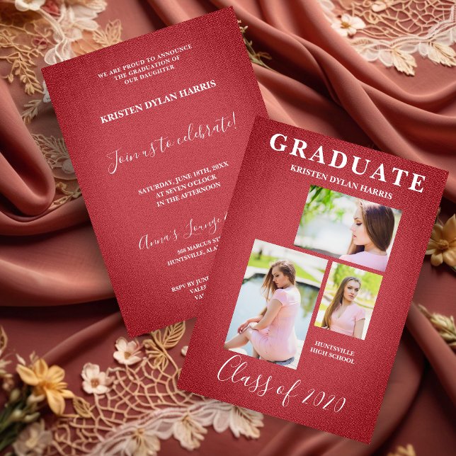 Textura do Tecido de Colagem de 3 Fotos Modernas (Red Modern 3 Photos Collage Graduation Fabric Texture Effect Invitation Card  with Envelope.)