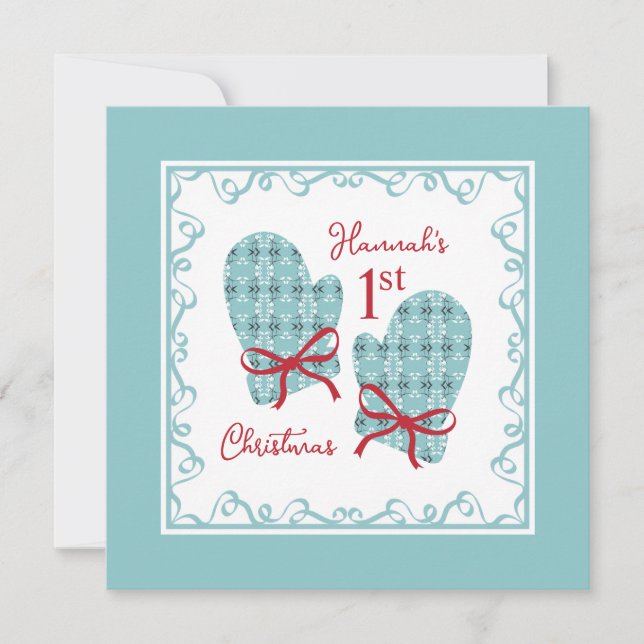 The 1st Christmas Mittens Red Bow Holiday Card (Frente)