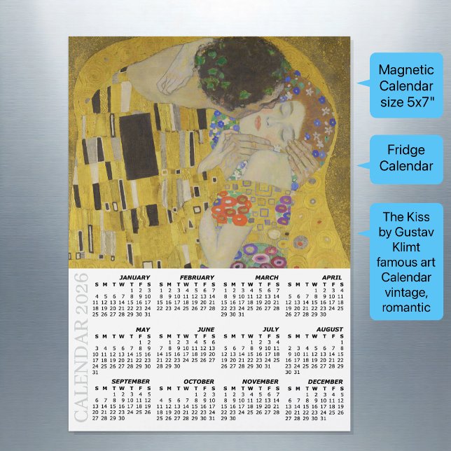 The Kiss Fridge Calendar 2026 / Gustav Klimt (The Kiss by Gustav Klimt Fridge Calendar 2026 / vintage art)