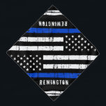 Thin Blue Line Personalizado Policial Bandana<br><div class="desc">Thin Blue Line Bandana - Bandeira americana em cores de bandeira policial, design angustiada. Personalize com o nome do cão da polícia. Esta bandana de cão da polícia personalizada é perfeita para as famílias da polícia e polícias e para todos aqueles que os apoiam. COPYRIGHT © 2020 Judy Burrows, Black...</div>