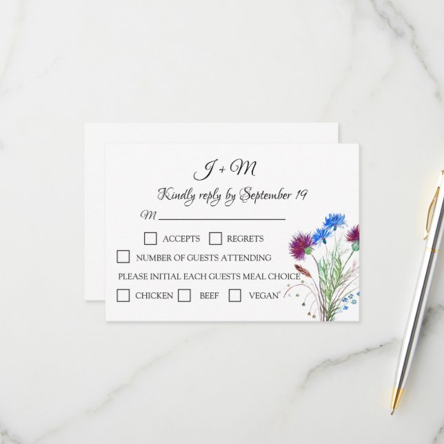 Thistle Floral Scottish Watercolor Weding RSVP (Frente/Verso In Situ)