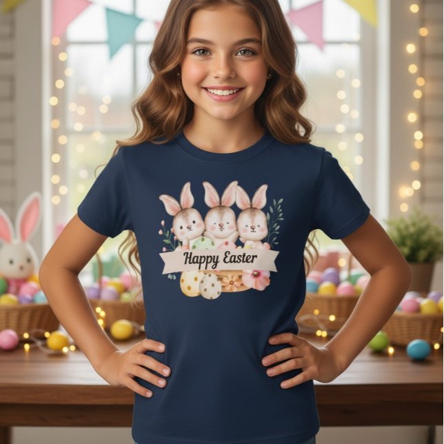 Three Cute Bunnies Happy Easter Girls T-Shirt (Criador carregado)