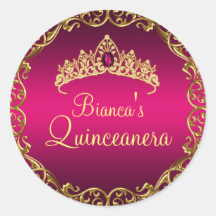 Tiara de Gema Dourada e Rosa Adesivo Quinceanera