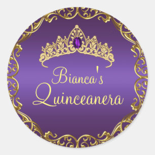 Tiara de Gema Dourada e Roxa Adesivo Quinceanera