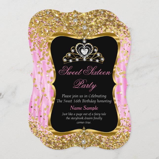Tiara Princess Sweet 16 Dourado Convite Preto Rosa (Frente/Verso)