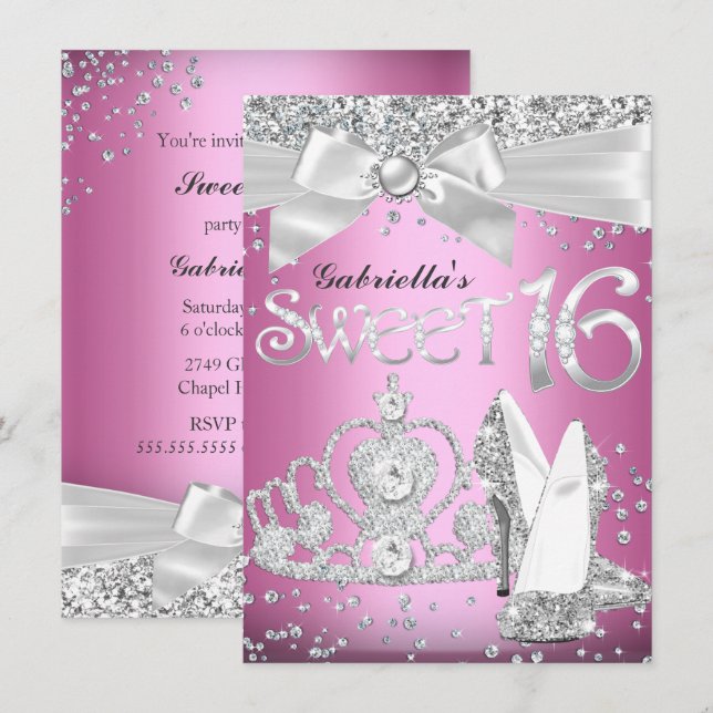 Tiaro e Saltos Brilhantes Convite Sweet 16 Rosa (Frente/Verso)