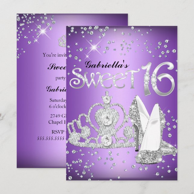 Tiaro e Saltos de Brilho Roxo Convite Sweet 16 (Frente/Verso)