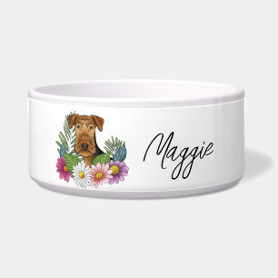 Tigela Airedale Terrier Com Flores Coloridas E Nome