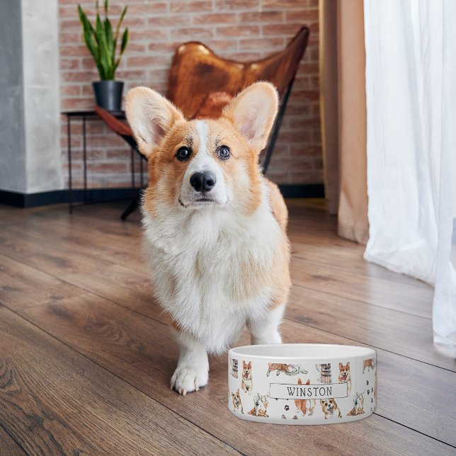Tigela Aquarela de Cão Corgi Galês de Pembroke | Monogram (Criador carregado)