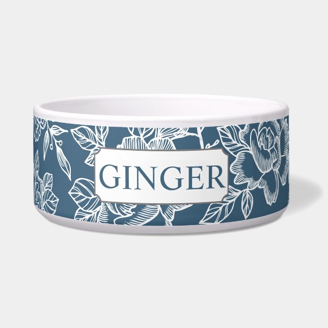 Tigela Azul de esboço floral com nome (Frente)