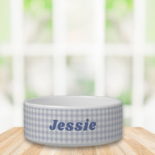Tigela Azul Gingham Nome Personalizado 