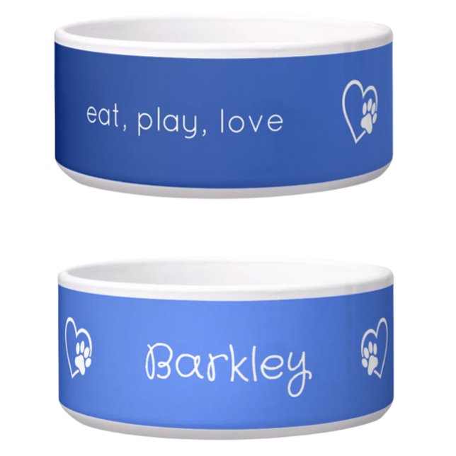 Tigela Azure 'eat play love' Dog Name Bowl (Criador carregado)