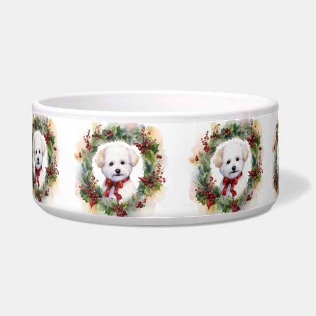 Tigela Bichon Frise Grinalda de Natal Cachorrinho Festivo (Frente)