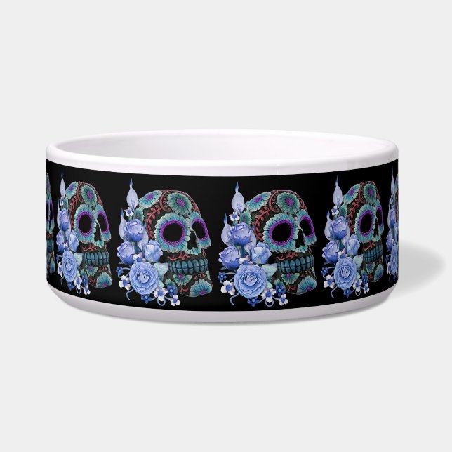 Tigela Blue Floral Black Sugar Skull Day Of The Dead (Frente)