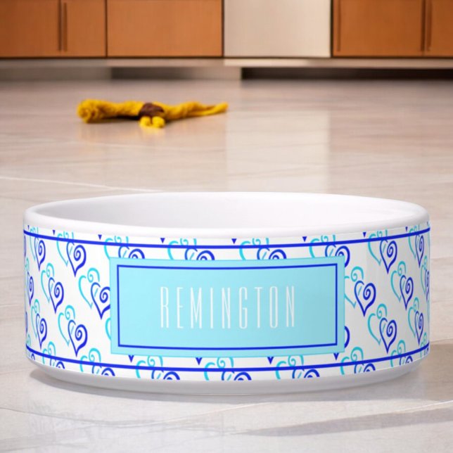 Tigela Blue Shades Dois Padrão de Coração Vinculado Perso (front custom pet bowl blue linked heart pattern )