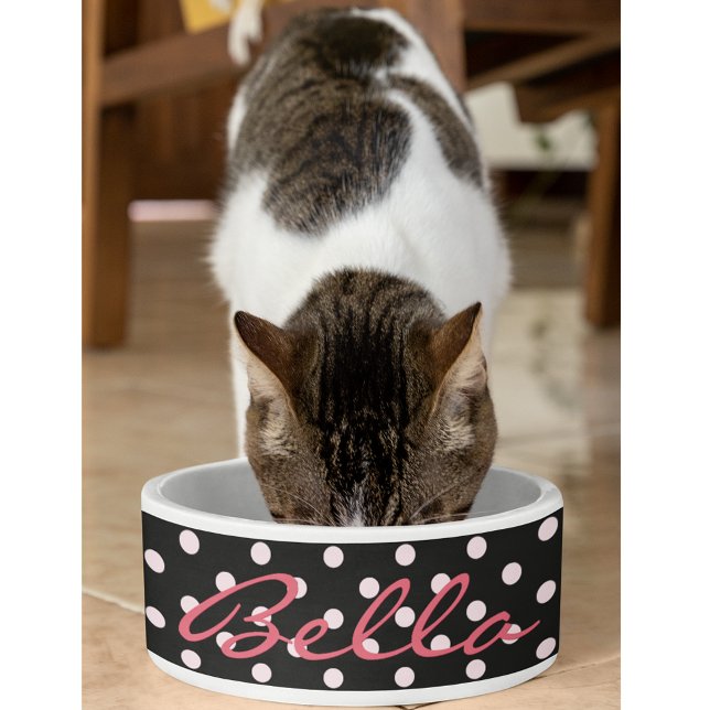 Tigela Bolinhas Cor-de-rosa-branca Gatinho de gato Nome d (Cute Black Pink Polka Dots Cat Kitty Pet Name Food Bowl)
