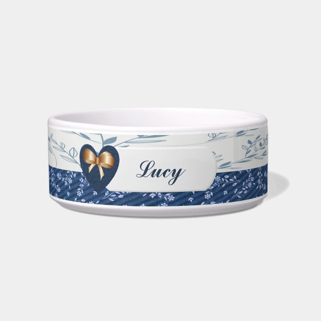 Tigela Bonito Blue/White Dog Bowl com Coração e Arco (Frente)