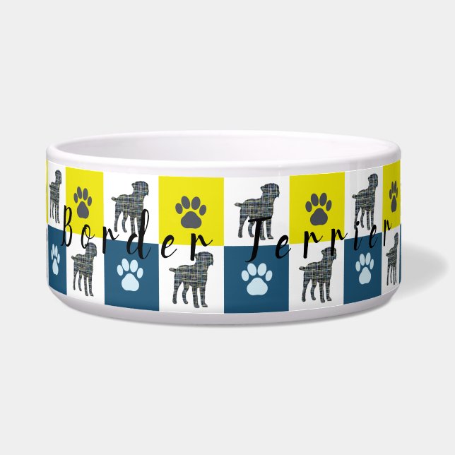 Tigela Borda Terrier Silhoule & Paw Yellow & Blue Grid (Frente)