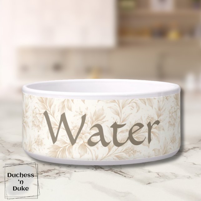 Tigela Botanical Pattern Soft Ivory Bloom Pet (Dog Water Bowl with ivory botanical design displayed on marble counter top)