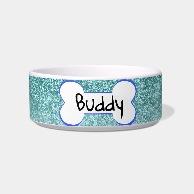 Tigela Brilho Azul Brilhante Cachorro Gato Personalizado (Frente)