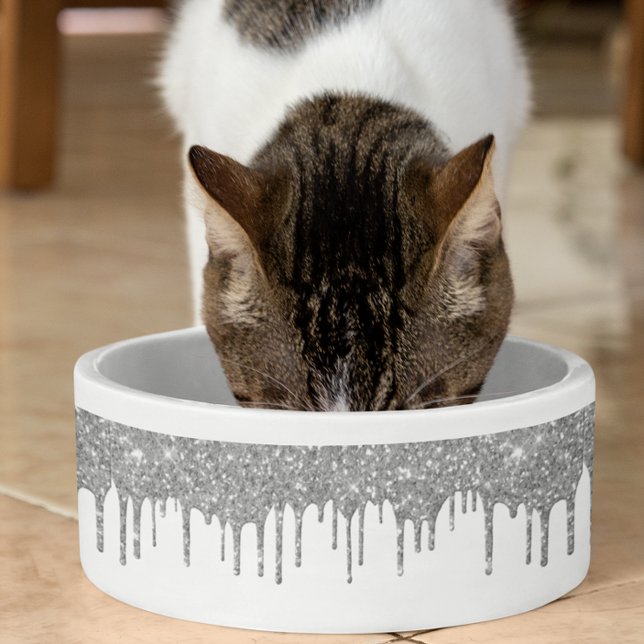 Tigela Brilho Prateado Glam Gotejamento Chic Cachorro Pet (Criador carregado)