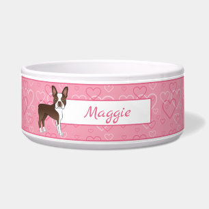 Tigela Brown Boston Terrier Dog Em Corações E Nome Rosa