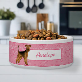 Tigela Cachorro Airedale Terrier Com Corações Rosa e Nome