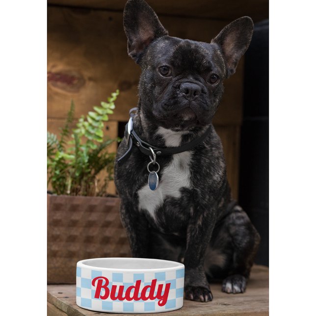Tigela Cachorro Branco Azul Cachorro Cachorro Cachorro Ca (Blue White Checkered Dog Puppy Cat Name Retro Food Bowl)