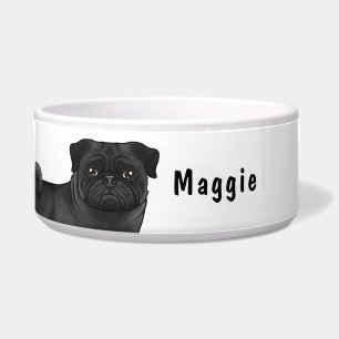 Tigela Cachorro Cartoon Pug Preto Close-Up Com Nome Perso